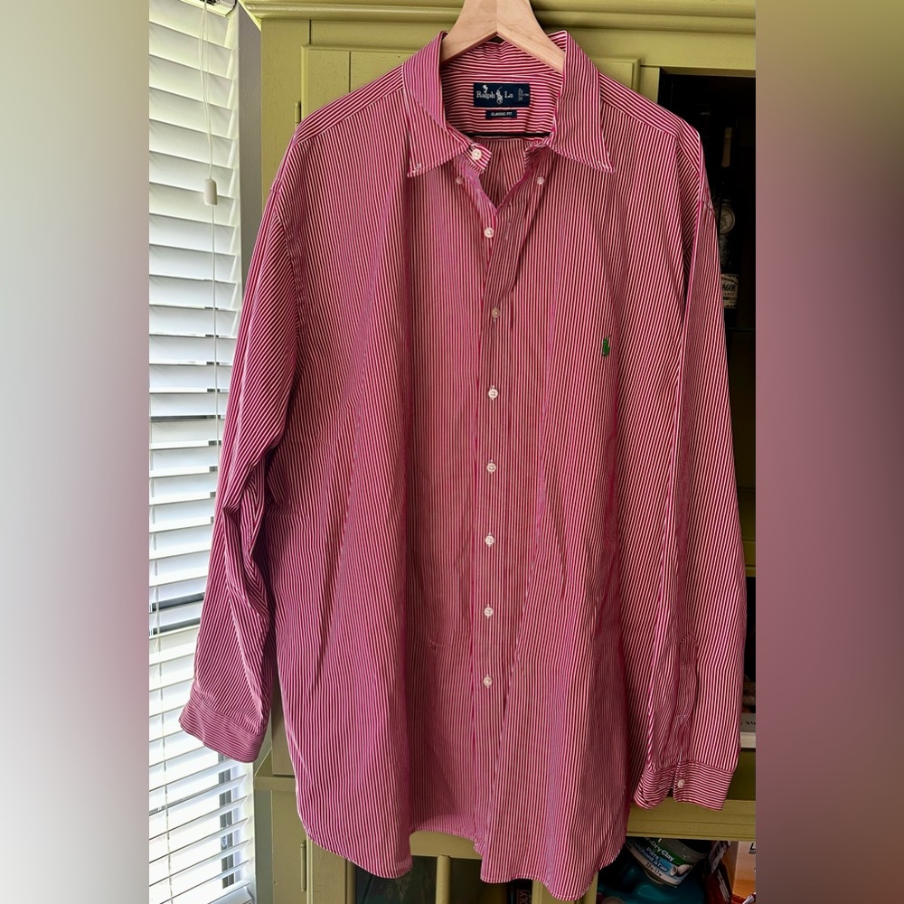 Ralph Lauren Red and White Striped Button-Down Casual Shirt